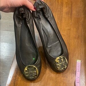 Tory Burch Dark Brown Flats with Gold Emblem
